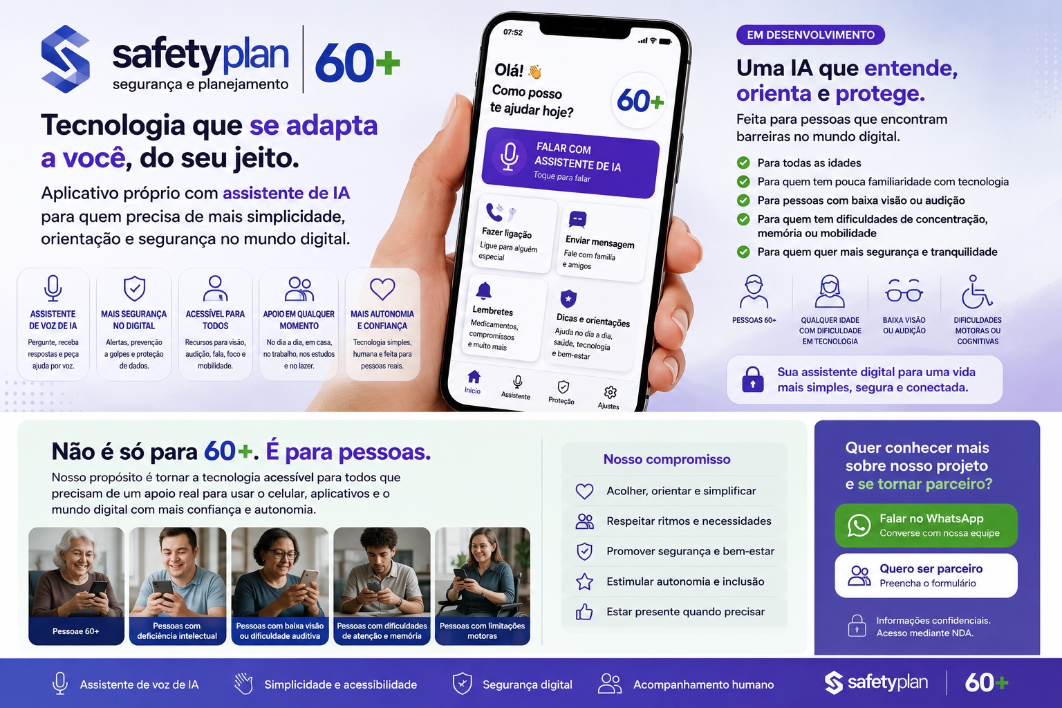 SafetyPlan 60+: tecnologia que se adapta a você, aplicativo próprio com assistente de IA e metodologia para pessoas que precisam de mais apoio no mundo digital.